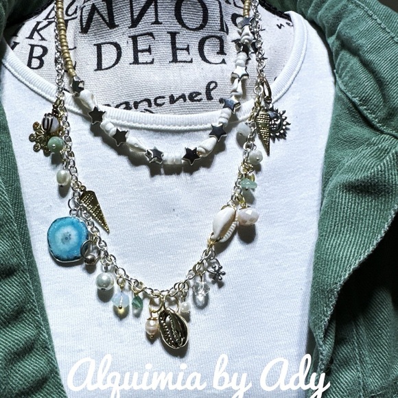 Layered beaded handmade shell 🐚 necklace aura quartz pearls - Picture 8 of 10